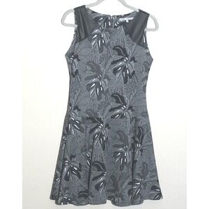 Sun Light Dropped Waist Dress Womens Sm Black Gray Tropical Faux Leather Trim
